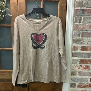 Life is Good Womens Crusher Tee Long Sleeve V-Neck Bicycle Heart Tan Large